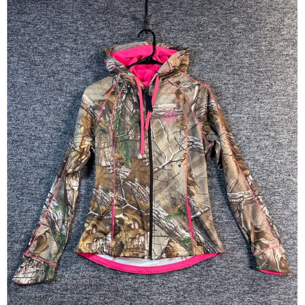 Realtree Xtra Camo Full Zip Hoodie Womens Small S 4-6 Neon Pink Trim Thumbholes